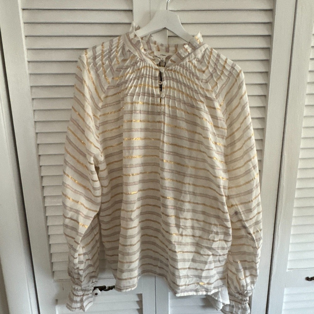A Loves A Blouse Metallic Gold Striped XL White Womens Boho Ruffle Peasant Top
